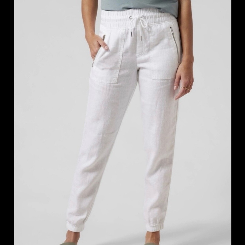 Athleta Cabo Linen Jogger Pants White Size 2 Beach Vacation Travel Summer